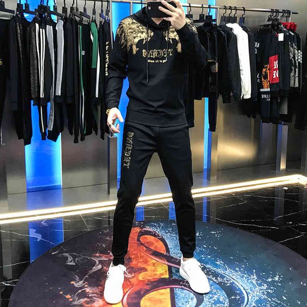 

hoodies europe male trend autumn offset suit with hood pants nice two piece together youth, Black
