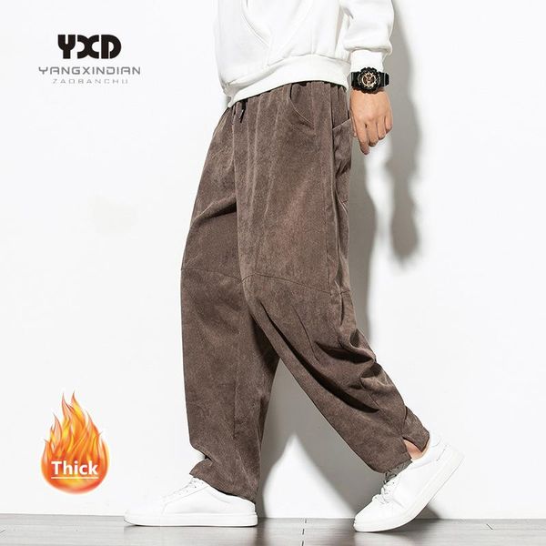 

men's pants 2021 men autumn fleece corduroy mid waist vintage korean harem elastic casual loose streetwear trouser 5xl, Black