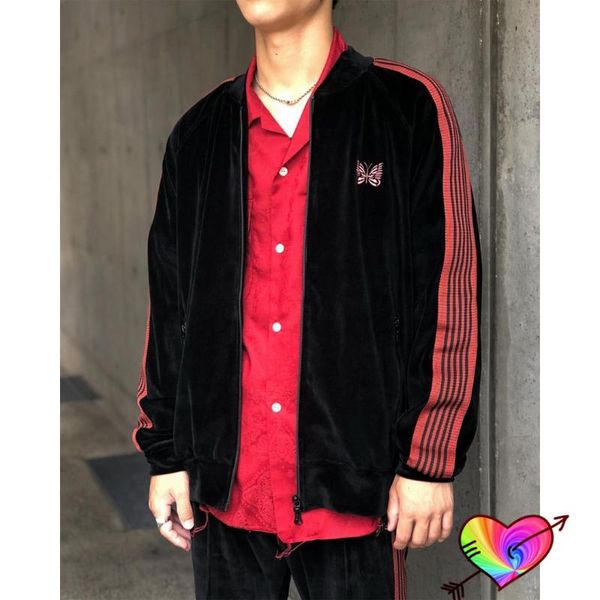 

men's jackets needles 2021ss men women black velvet track jacket red butterfly embroidery outerwear coats, Black;brown