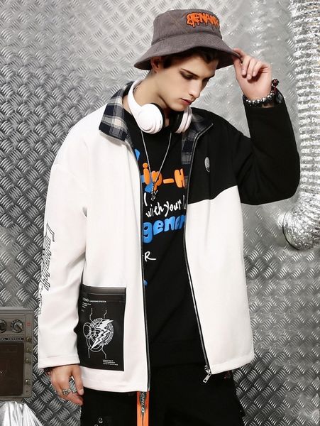 

men two way letter graphic drop shoulder zip up jacket 83hb#, Black;brown