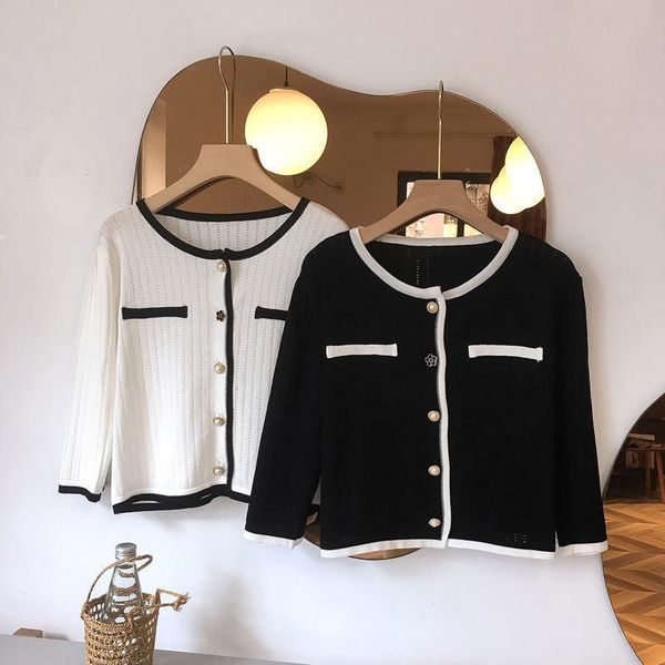 

women's knits & tees knitted cardigan black white color matching vertical stripes hollow long sleeves thin wholesale elegant lady cloth