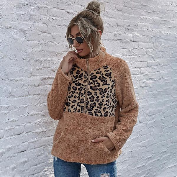 

women's hoodies & sweatshirts chifirena winter fleece sweatshirt women stand collar leopard patchwork long sleeve zipper hoodie with po, Black