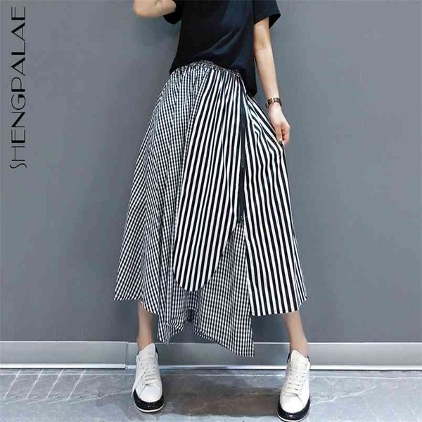 

irregular striped spliced plaid high elastic waist skirt women's summer mid-calf female tide 5c996 210427, Black