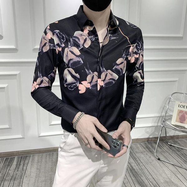 

men's casual shirts nightclub camisa masculina luxury floral shirt slim vestido social long sleeve 2021 fall, White;black