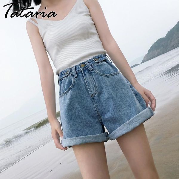 

women's denim shorts summer high waist elastic harem jeans for women loose retro wide leg female casual 210514, Blue