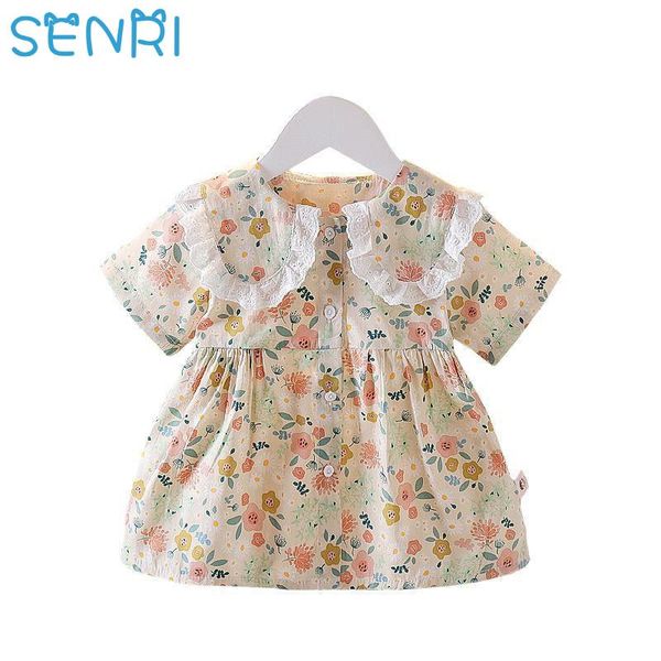 

girl's dresses summer baby girls short sleeve lace lapel kids dress collar floral print vintage cotton cardigans children vestidos, Red;yellow