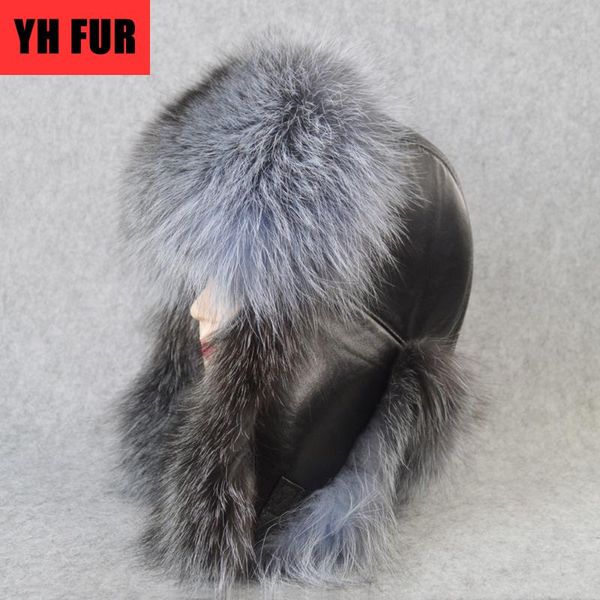 

berets 2021 outdoor 100% natural real fur bomber hat winter warm soft cap women quality genuine leather hats, Blue;gray