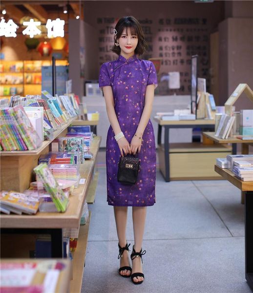 

plus size -3xl traditional chinese style linen cotton cheongsam purple mandarin collar qipao high split costume ethnic clothing, Red