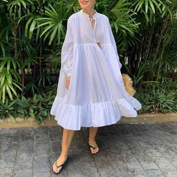

casual dresses vonda midi dress women bohemian sundress 2021 autumn fashion long sleeve solid loose baggy party robe, Black;gray
