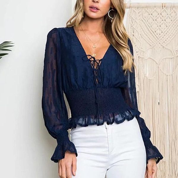 

women's blouses & shirts deep v-neck drawstring blouse long puff sleeve elastic waist chiffon for female 2021 slim crop woman, White