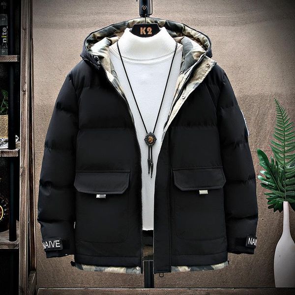

men's down & parkas parka hombre autumn winter men cotton padded jacket outwear thicken warm puffer solid color white coat 2021, Black