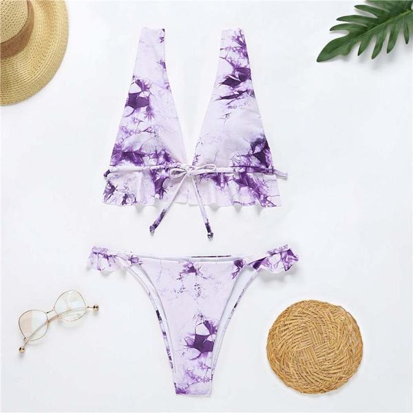 

women's swimwear shuizhamou 2021 summer bikini print fashion tie dye wholesale brand beachwear women thong two piece sets, White;black