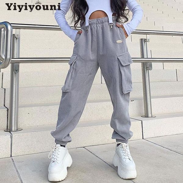 

yiyiyouni causal high waist corduroy sweatpants women loose pockets cargo pants solid jogger wide leg trousers female 2021 women's & ca, Black;white