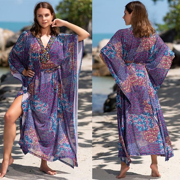 

swimming dress for woman tunic bathing suit cover up beach ups swimsuit long capes female summer blue purple print loose women's swimwe, White;black