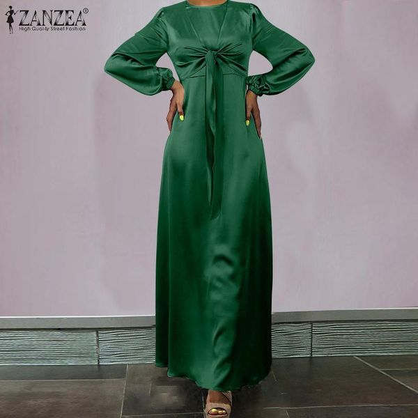 

casual dresses everning maxi dress party robe women zanzea 2021 spring autumn ladies satin puff sleeve bow tie vestidos solid sundress, Black;gray