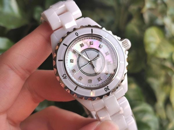

famous brand women ceramic watch mother pearl shell dial 12 diamond clock men fashion watch, Slivery;brown
