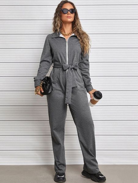 

slant pocket zip front belted jumpsuit e5u4#, White