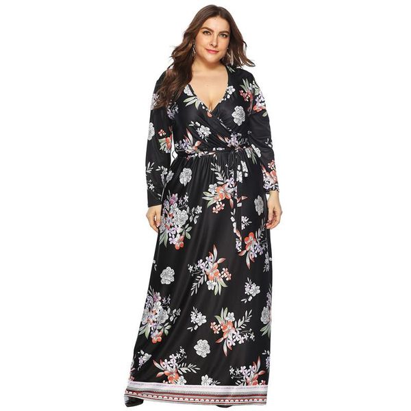 

casual dresses 2021 spring autumn women long sleeve dress plus size female v neck floral print casaul black maxi, Black;gray