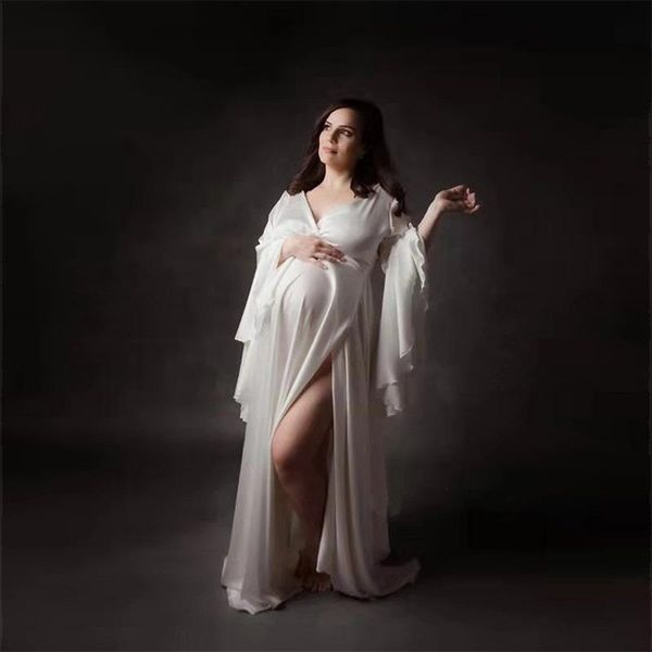 

maternity dresses pregnant women maxi dress for po shoot v neck pregnancy split front pography gown, White