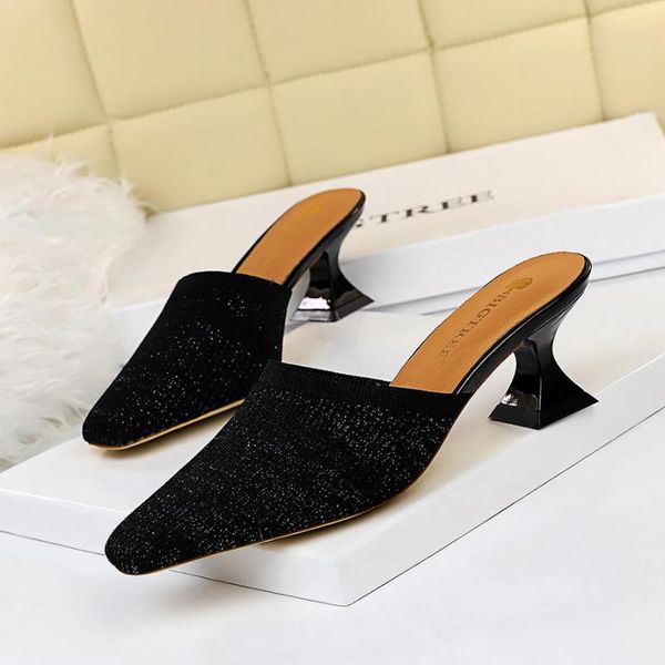 

slippers pointed toes woven knit fashion women half med heels stilettos mules loafer casual feminine slides sandalias shoes, Black