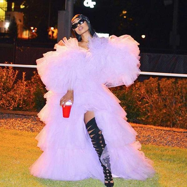 

casual dresses high street lavender ruffle tulle party 2021 side split long dress women puffy full sleeves prom gowns, Black;gray