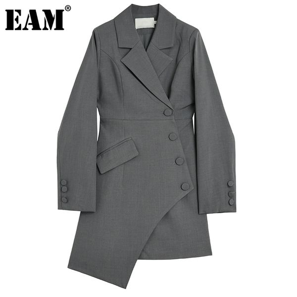 

[eam] women gray irregular desgin long blazer lapel sleeve loose fit jacket fashion spring autumn 1de2148 211122, White;black