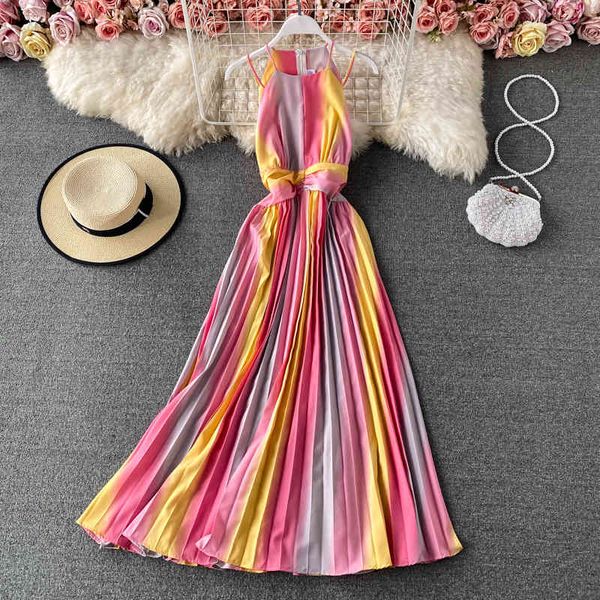 

casual dresses 2021 summer rainbow gradient print long spaghetti strap dress women halter high waist draped big swing pleated, Black;gray