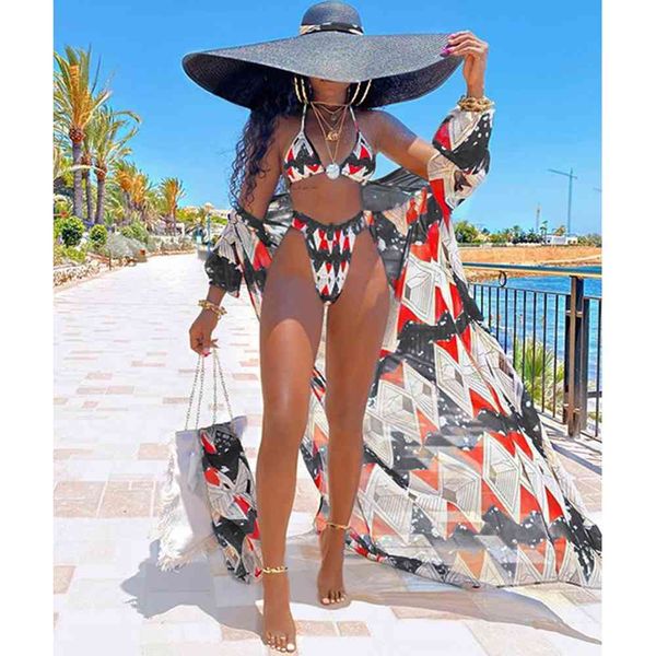 

geometric print with beach cover up women swimsuit new three pieces bikini set brazilian bathing suit beachwearin