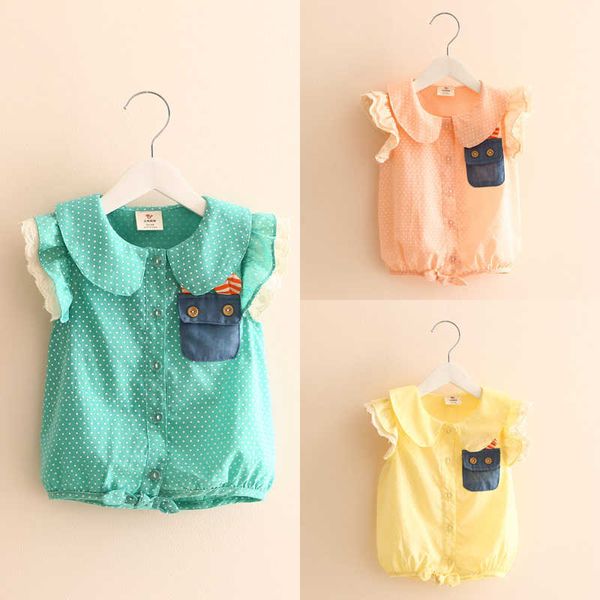 Estate Giallo Verde Rosa Colore Patchwork Dolce Cute Baby Bambina Bambina Manica corta Coniglio Tasca Sottile Camicetta Camicia 210529