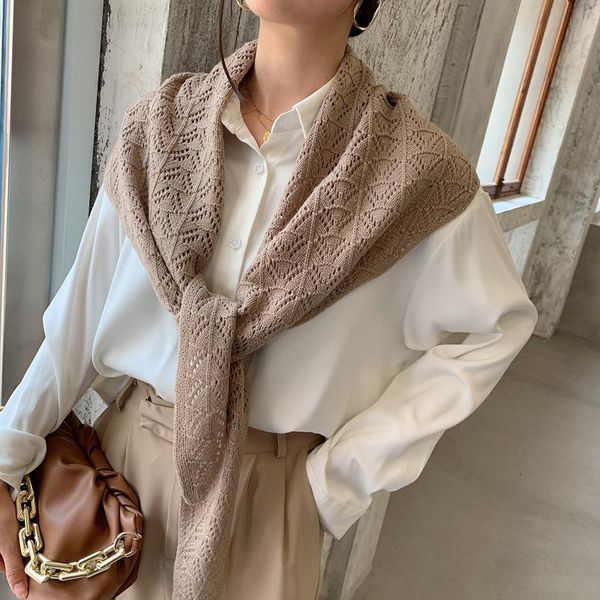 

scarves triangular female knitted hook flower hollow out scarf solid color elastic warm soft false collar neck small, Blue;gray