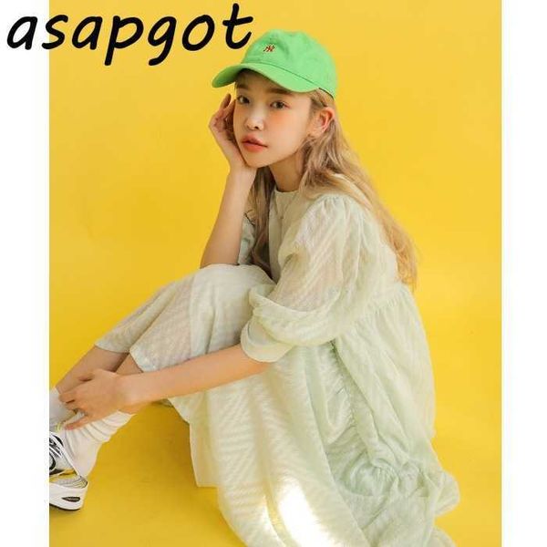 Abito coreano chic vintage fresco o collo abito mezza manica ragazze soffio manica corta verde abiti dolce delicato moda estate 210610