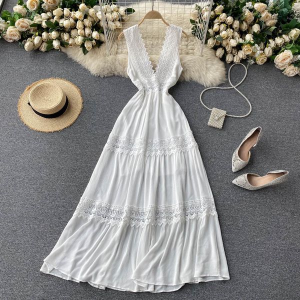 

dresses women lace deep v korean elegant solid sleeveless a-line es summer fashion vacation beach long, Black;gray