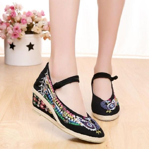 

dress shoes spring autumn retro china style canvas women pumps peacock wedges shallow embroider buckle bling string bead lady 190708, Black