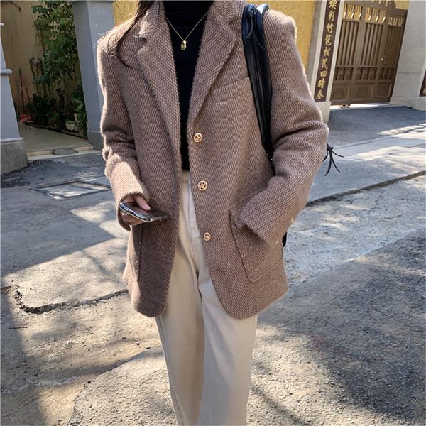 

ol notched elegant minimalist plush blazer suit jacket autumn winter thick formal women blazers outwear coat 210421, White;black