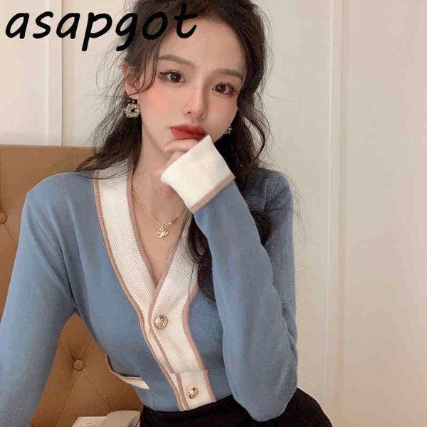 

sweet chic autumn v neck contrast knitted cardigan jacket slim long sleeve knit patchwork single-breasted sweater pull 210429, White