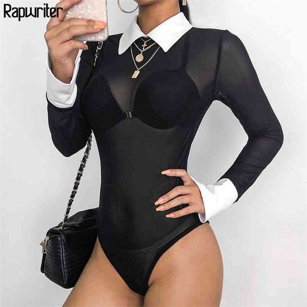 Sexy transparente malha painéis skinny currency collar bodysuits mulheres verão manga comprida bodysuit 210510