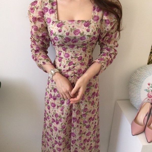 

spring dress women vintage flower print long sleeve party dress korea elegant puff sleeve casual slim midi dress vestido 210518, Black;gray