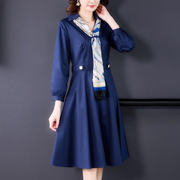 

casual dresses women dress autumn waist thinner navy blue mid-length ladies temperament ribbon v-neck, Black;gray