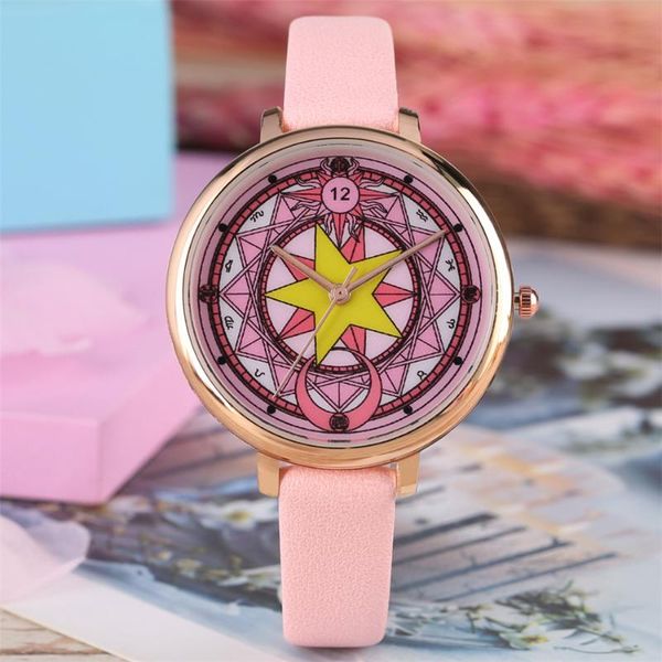 

wristwatches japanese anime cardcaptor sakura theme student watches pink leather quartz wristwatch fashion elegant girl gifts 2021, Slivery;brown