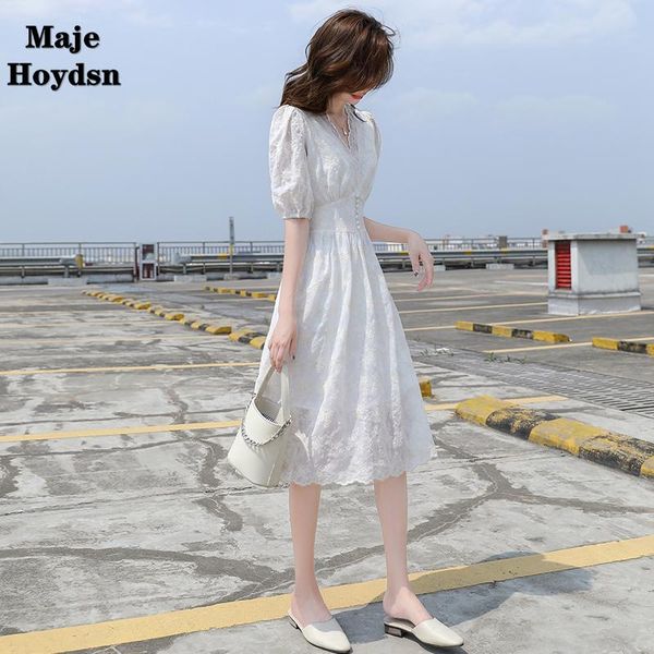 

casual dresses maje hoydsn spring 2021 french short sleeve dress women chic temperament waist show thin v neck black midi skirt, Black;gray
