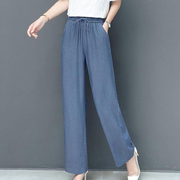 

women's pants & capris y high-waisted loose female summer thin section 2021 style drape straight tencel denim-like fabric casual, Black;white