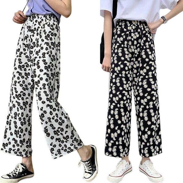 

women's pants & capris womens ladies casual daisies printed elastic waist straight loose trousers, Black;white
