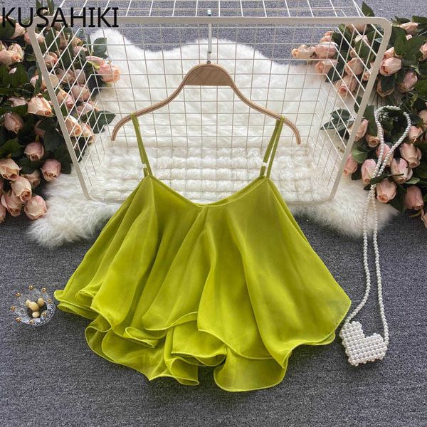 

kusahiki chiffon women summer sweet tank causal short korean solid crop t shirt feminimos camis 6j084 210602, White