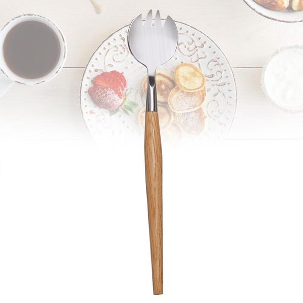 

forks stainless steel salad fork wooden handle multifunctional tableware serving for home daily use