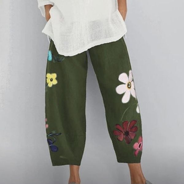 

vintage irregular print hem flowers womens pants printed long trousers plus size female streetwear pockets pantalones, Black;white