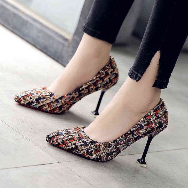 

women dress tweed supper high heels ladies ol office lady shoes plaid wool basic pumps zapatos mujer n7798 220309, Black