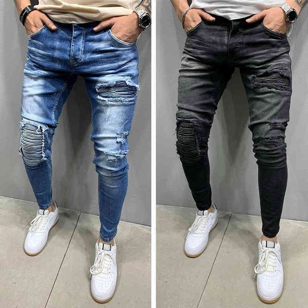 

fashion men's worn out motorcycle fold elastic tight legged jeans 8831, Blue