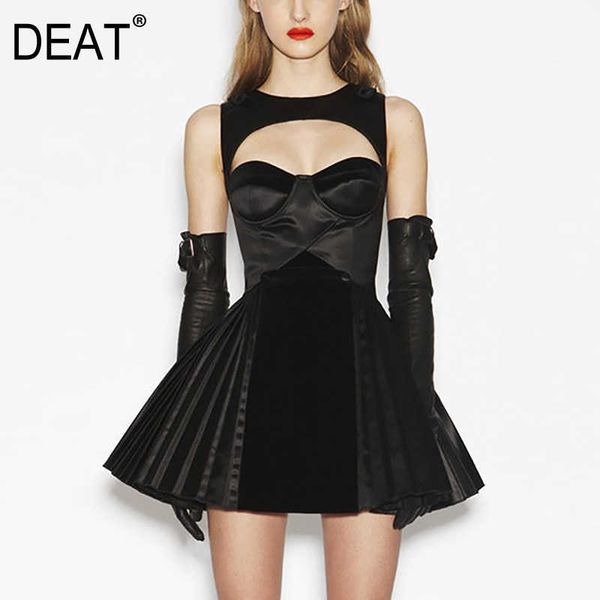 

[deat] summer fashion round neck high waist sleeveless solid color loose temperament elegant dress women 13c599 210527, Black;gray