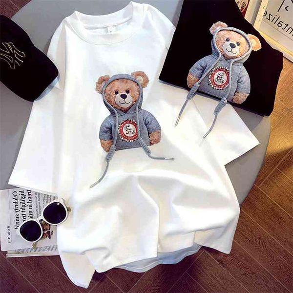 

pure cotton t-shirt female summer student short-sleeved printed bear loose korean version of bottoming shirt 210708, White