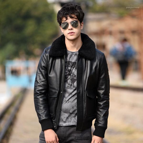 

men's leather & faux .autumn mens plus size genuine coat.black cowhide outwear.quality short clothes.bomber g1